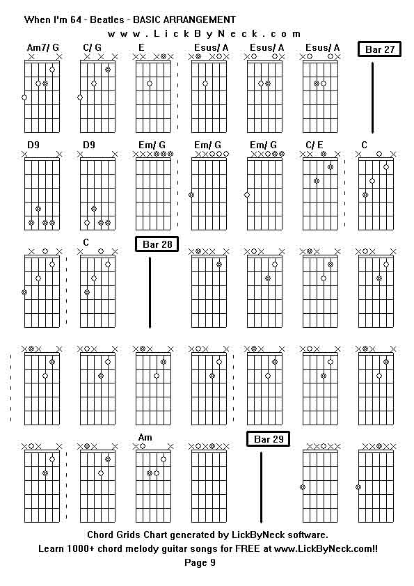 Chord Grids Chart of chord melody fingerstyle guitar song-When I'm 64 - Beatles - BASIC ARRANGEMENT,generated by LickByNeck software.